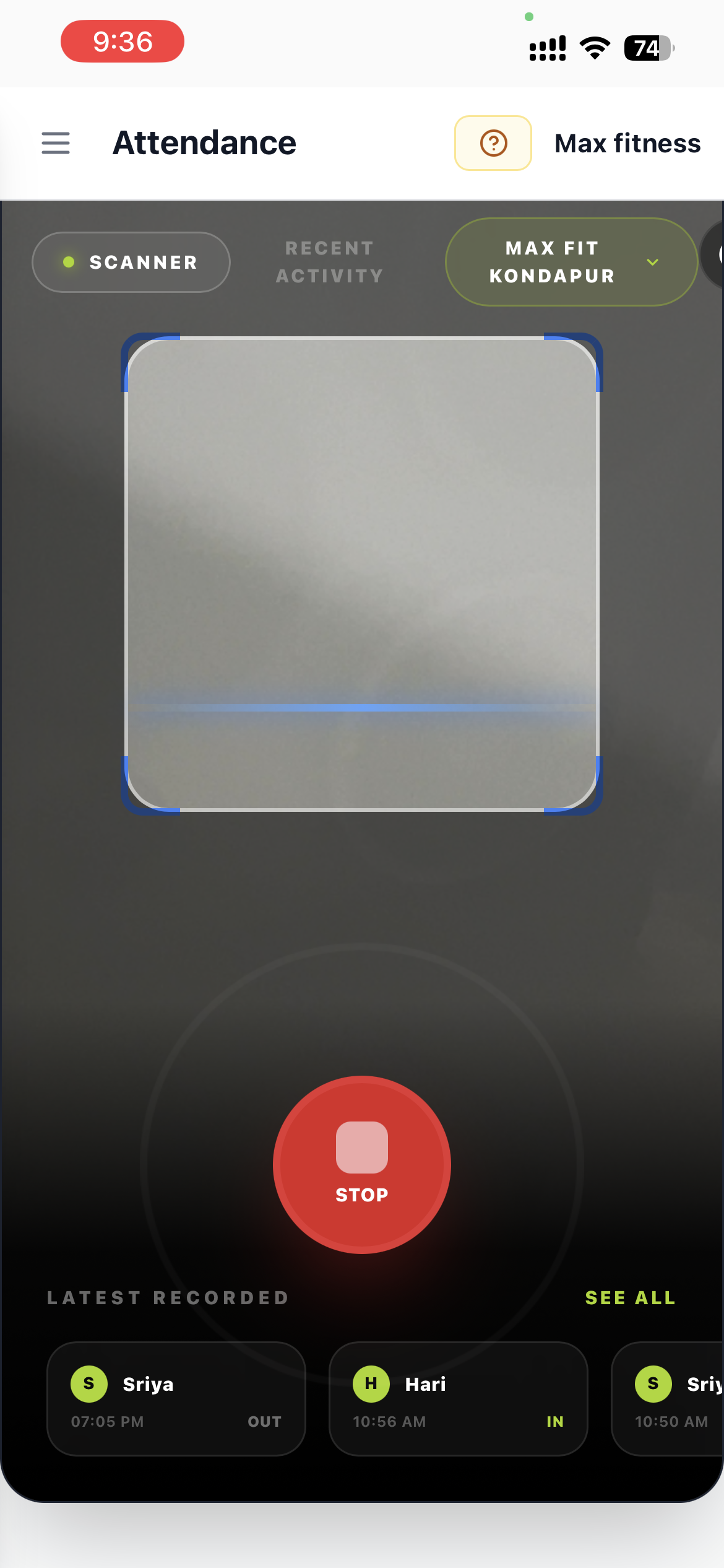 QR scanner attendance screen